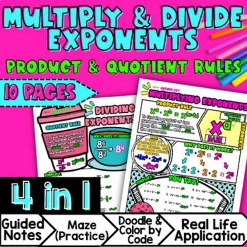 Thumbnail for Laws of Exponents Multiply and Divide— Guided Notes Doodle & Color by Number