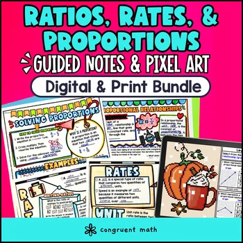 Thumbnail for Ratio Rates Proportional Relationships | 7th 8th Grade Guided Notes & Pixel Art