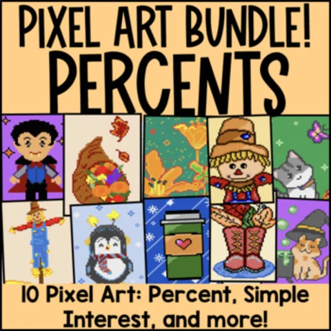 Thumbnail for Percents BUNDLE: Percentages, Simple Interest, Tips — 10 Pixel Art Google Sheets