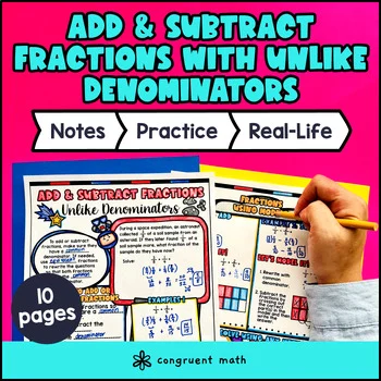 Add and Subtract Fractions with Unlike Denominators Guided Notes with Doodles