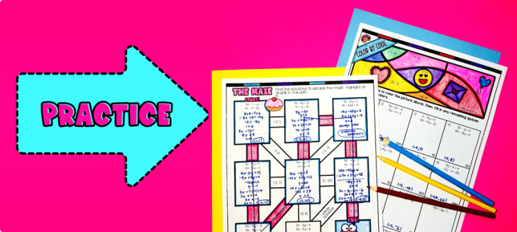 System of Equations by Elimination Practice Guided Notes Maze & Color by Number Activity