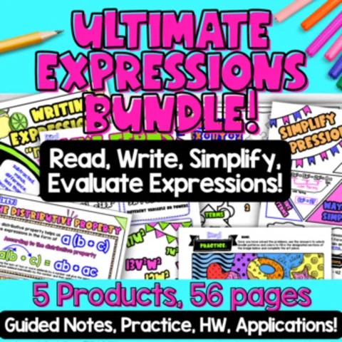 Thumbnail for Write Read Evaluate Expressions Bundle — Guided Notes, Doodle Color by Number