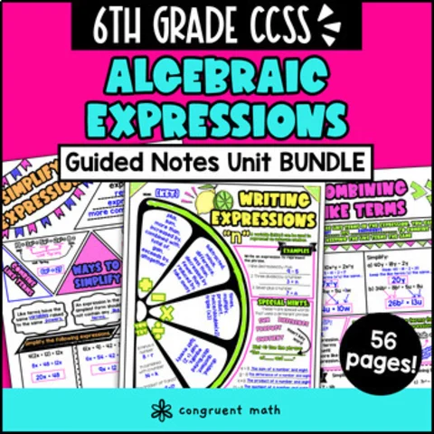 Thumbnail for Algebraic Expressions Guided Notes BUNDLE | 6th Grade CCSS | Combine Like Terms