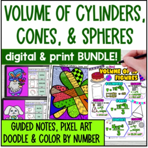 Thumbnail for Volume of Cylinders, Cones, Spheres — Guided Notes, Pixel Art, Color by Number