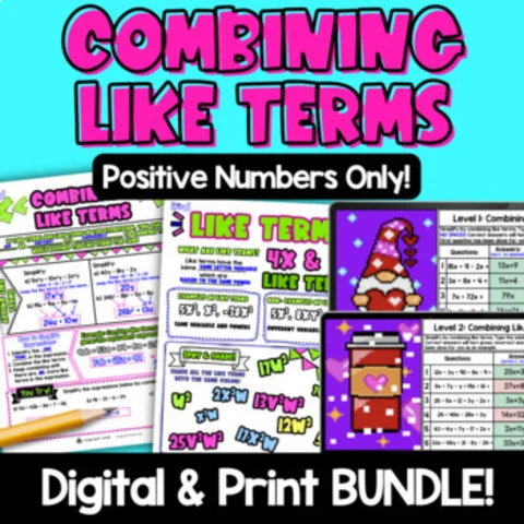Thumbnail for Combining Like Terms Positive Expressions Print Digital BUNDLE — Notes Pixel Art