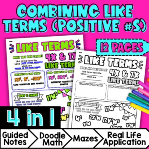 Thumbnail for Combining Like Terms — Guided Notes with Doodle & Color by Number Worksheets