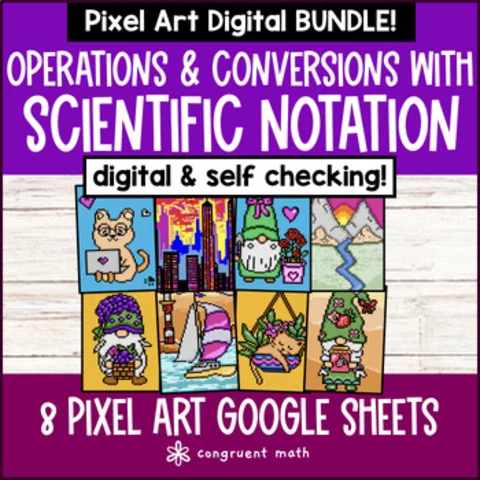 Thumbnail for Operations with Scientific Notation Digital Pixel Art BUNDLE | 8 Google Sheets