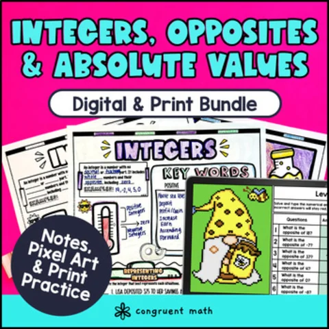 Thumbnail for Integers, Opposites & Absolute Values Digital & Print BUNDLE | Notes & Pixel Art