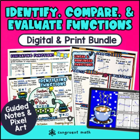Thumbnail for Identify Functions | Linear Nonlinear Functions Guided Notes & Pixel Art Bundle