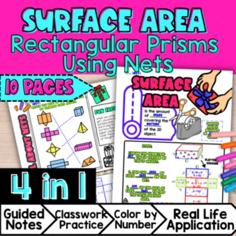 Thumbnail for Surface Area of 3D Shape Nets Prisms — Guided Notes Doodle & Color by Number