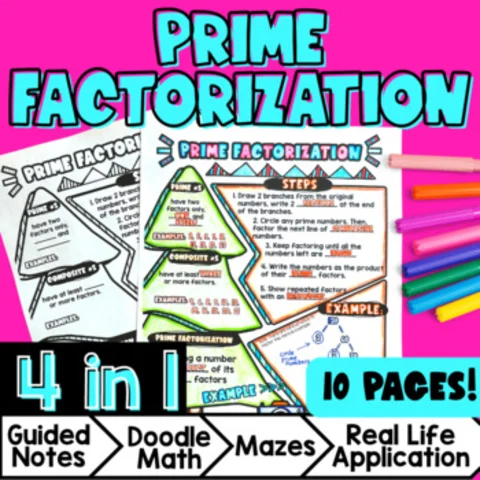 Thumbnail for Prime Factorization — Guided Notes, Doodle Math, Color by Number, Application