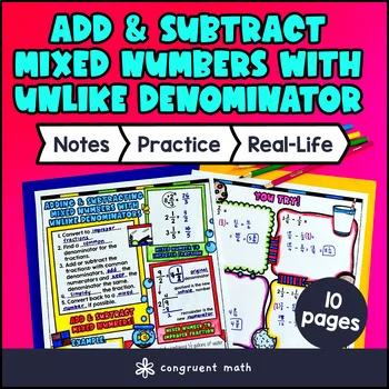 Adding and Subtracting Mixed Numbers Unlike Denominator Guided Notes w/ Doodles