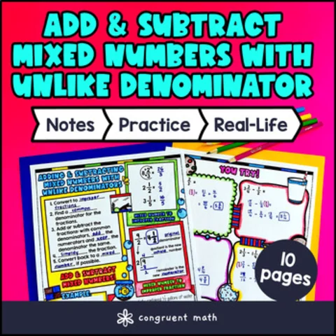 Thumbnail for Adding and Subtracting Mixed Numbers Unlike Denominator Guided Notes w/ Doodles