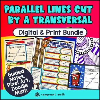 Thumbnail for Parallel Lines Cut by a Transversal | Guided Notes, Pixel Art, Doodle Worksheets