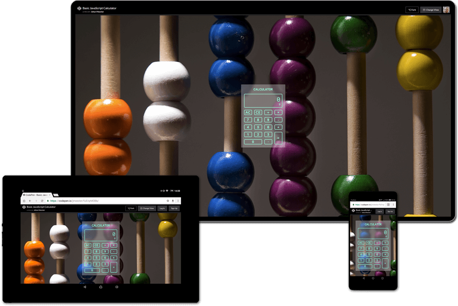 Presentation showing how the JavaScript Calculator project looks on mobile, tablet and desktop screens