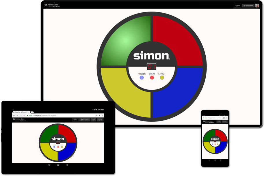Presentation showing how the Simon Game project looks on mobile, tablet and desktop screens