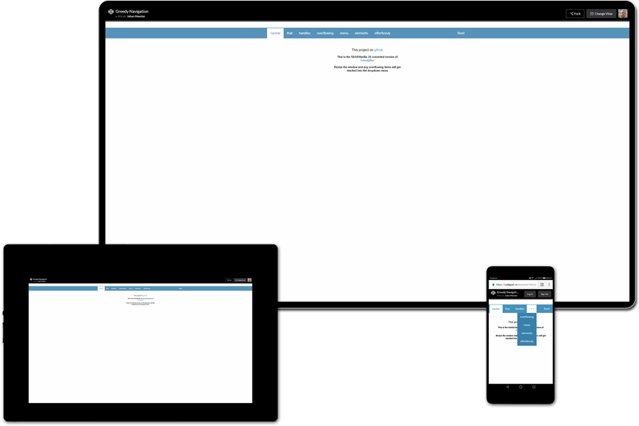 Presentation showing how the Greedy Navigation project looks on mobile, tablet and desktop screens