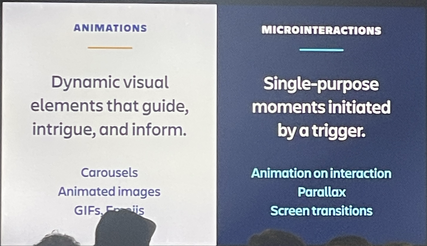 An image from an event showing points on animations vs microanimations.