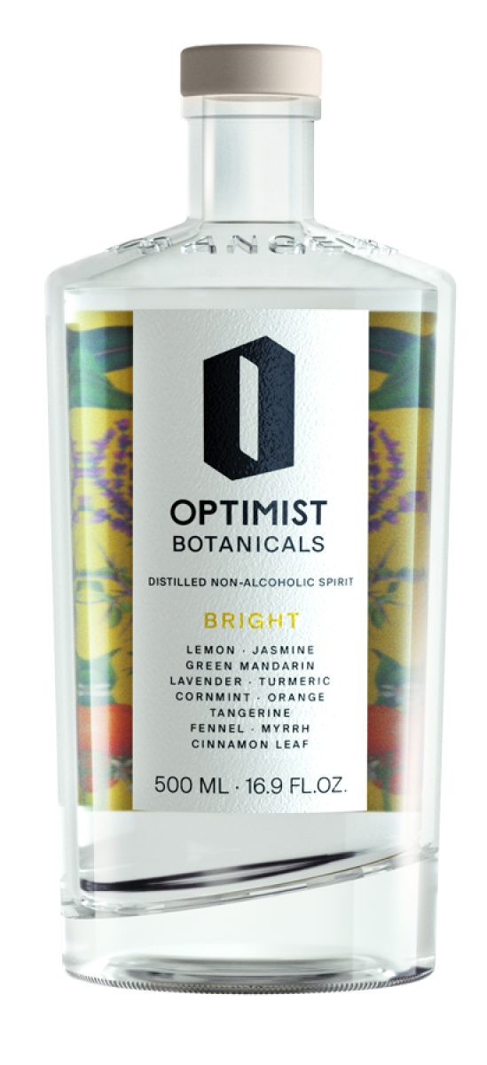 Bottle with Optimist Botanicals Bright spirit 500ml label.