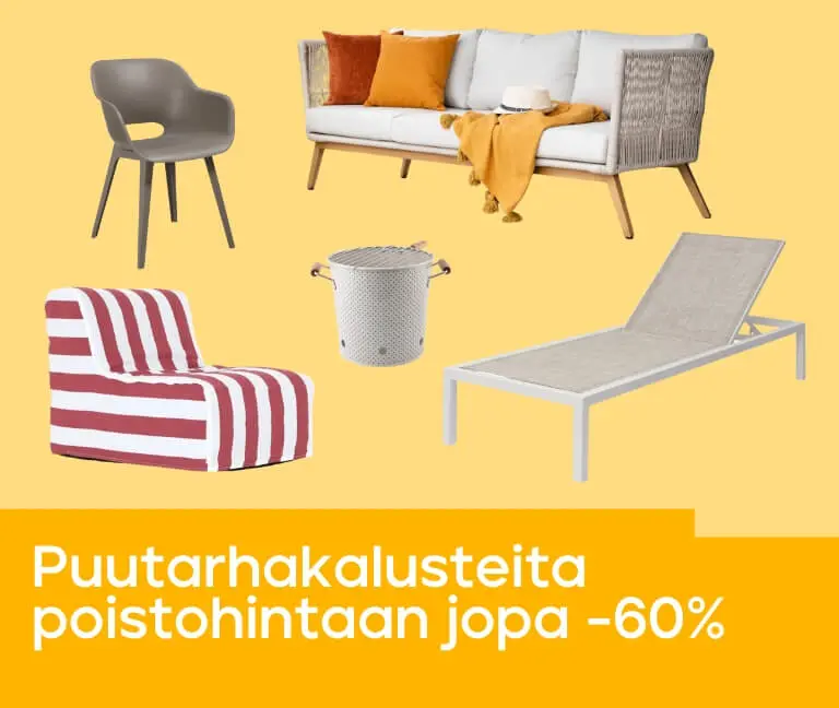 Erä puutarhakalusteita poistohintaan jopa -60%