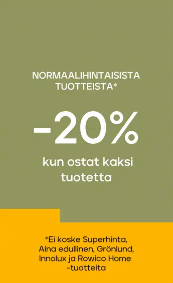 Normaalihintaiset tuotteet -20% kun ostat vähintään 2 tuotetta, -25 % kun ostat 3 tuotetta