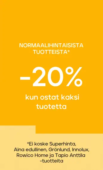 Normaalihintaiset tuotteet -20% kun ostat vähintään 2 tuotetta, -25 % kun ostat 3 tuotetta