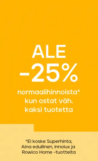 Normaalihintaiset tuotteet -25% kun ostat vähintään 2 tuotetta, -30 % kun ostat vähintään 3 tuotetta