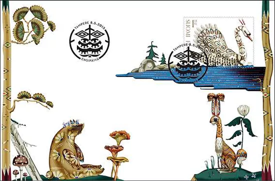 Postimerkin kuvaan on painettu kiiltävällä kultafoliolla koristeellisia kuviointeja, joihin Haapaniemi on hakenut vaikutteita itäsuomalaisesta ja slaavilaisesta kulttuurista.