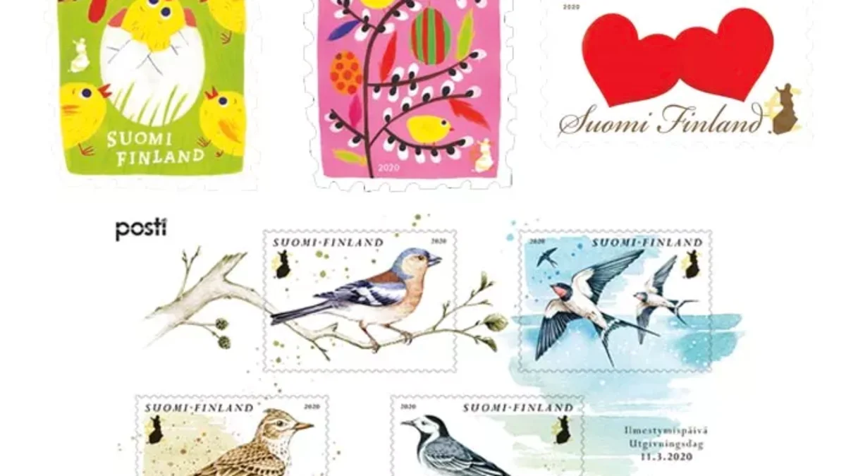 Maaliskuun postimerkeissä hehkuu kevät: Aiheina pääsiäistipuja, muuttolintuja ja sydämiä