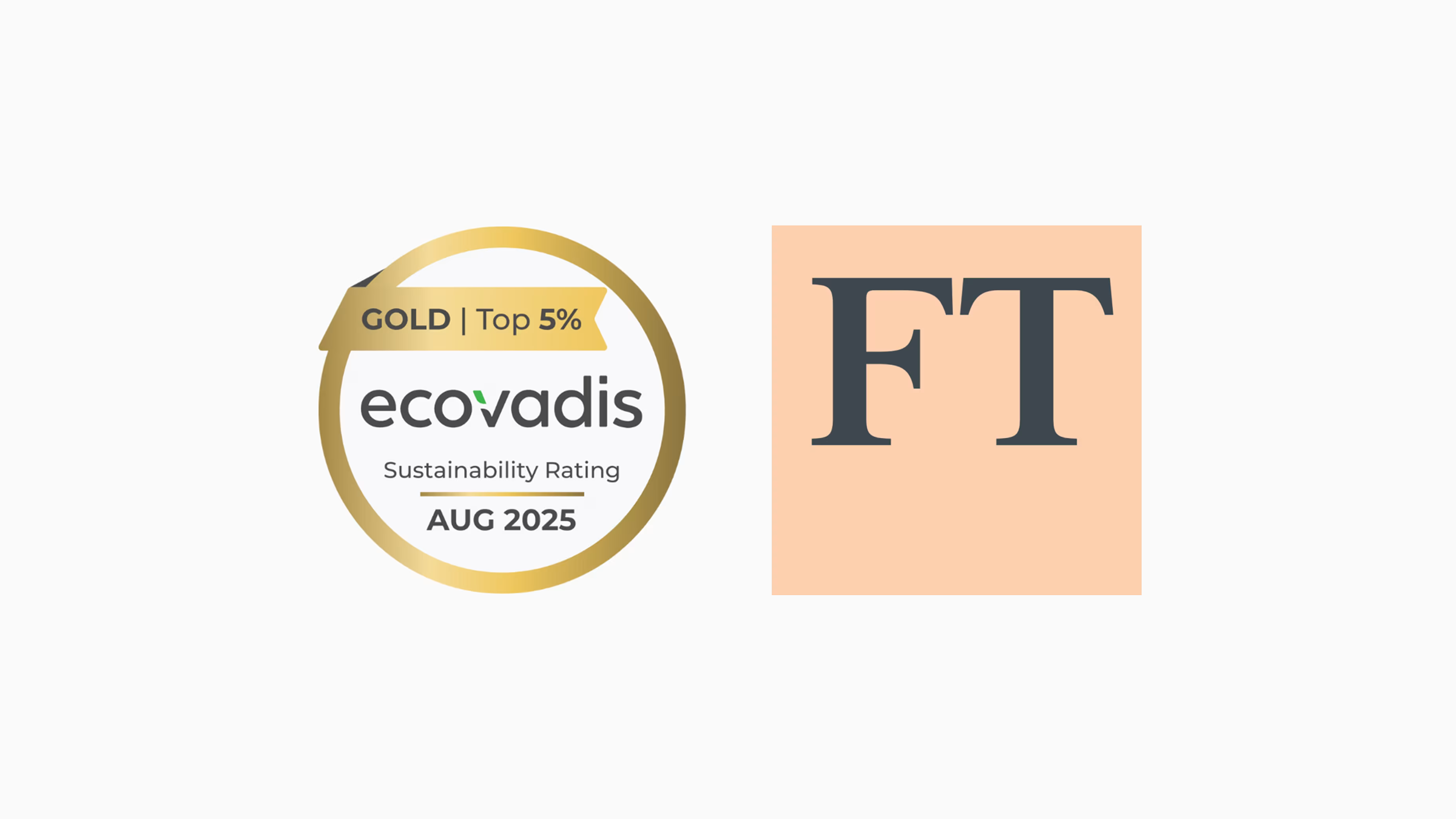 EcoVadis Kultaluokitus (Top 5 %) kestävyydestä, elokuu 2025, vieressä Financial Timesin (FT) logo.