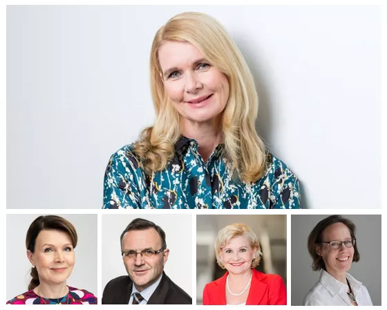 Kuvassa Sanna Suvanto-Harsaae (ylin), Raija-Leena Hankonen (alarivi vas), Harri Hietala, Sirpa Huuskonen ja Hanna Vuorela.
