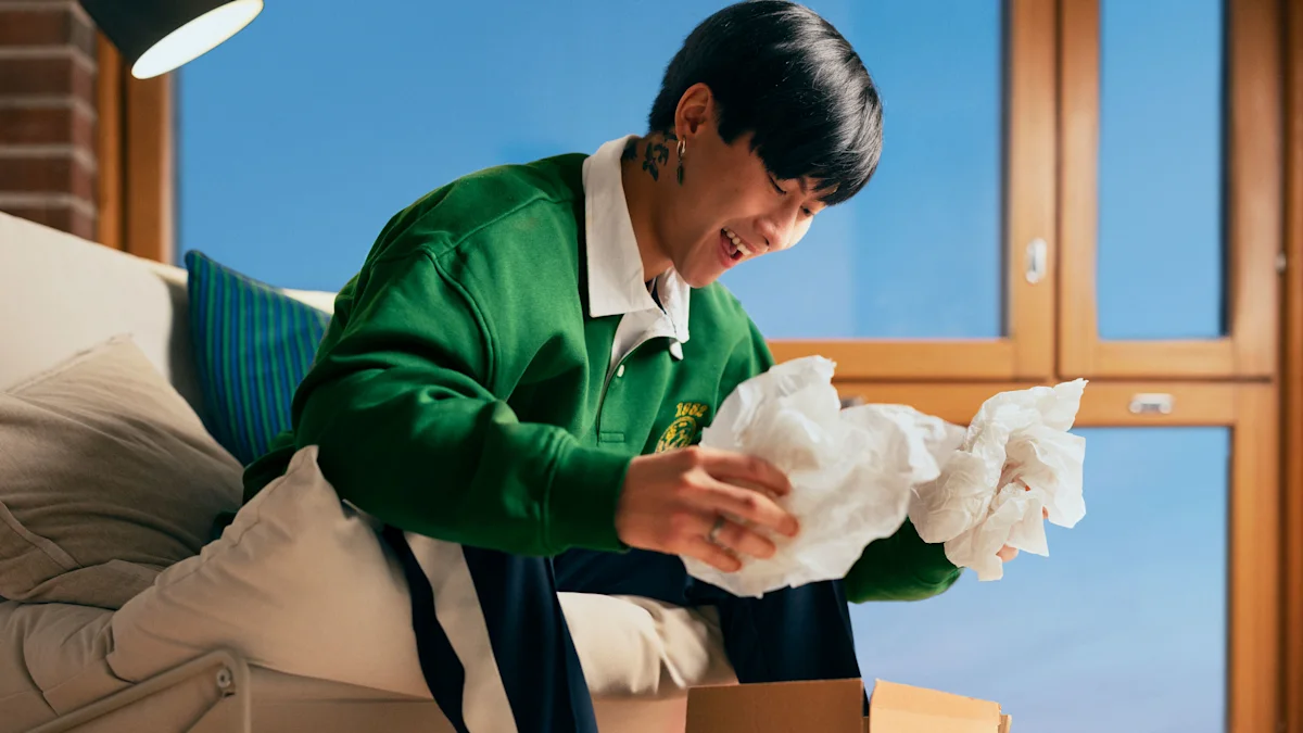 A smiling man is sitting on sofa and opening a package.