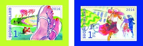 stamps presenting city dwellers running for cover in sudden rain and summery feet in sandals