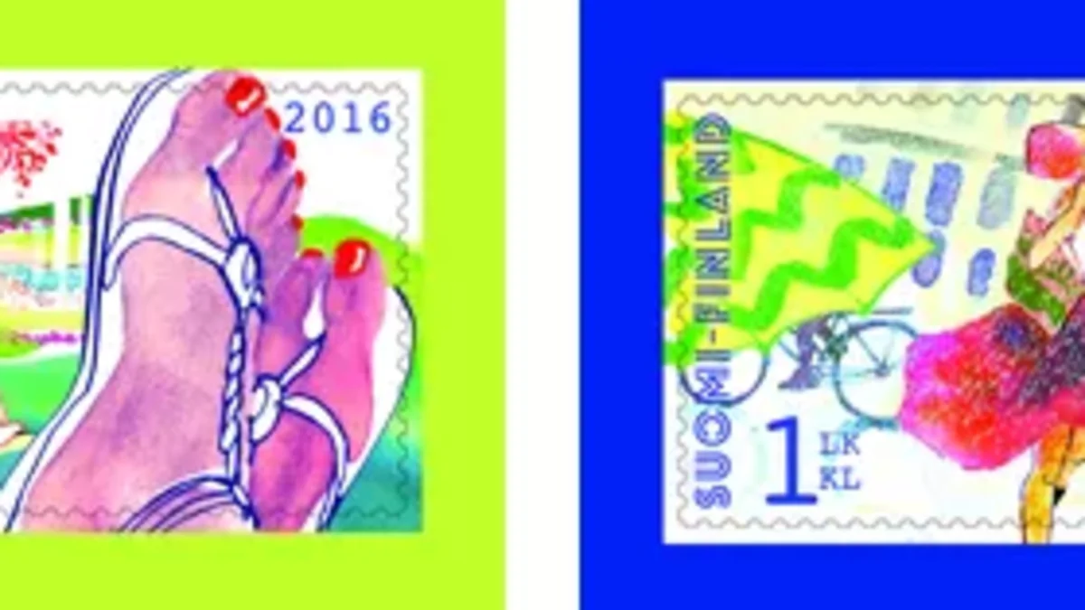 stamps presenting city dwellers running for cover in sudden rain and summery feet in sandals
