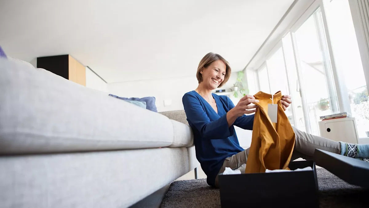 Woman looks at her purchase from web shop