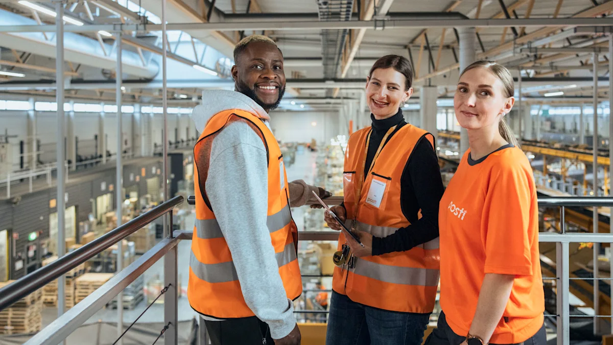 A picture of three post-office staff members