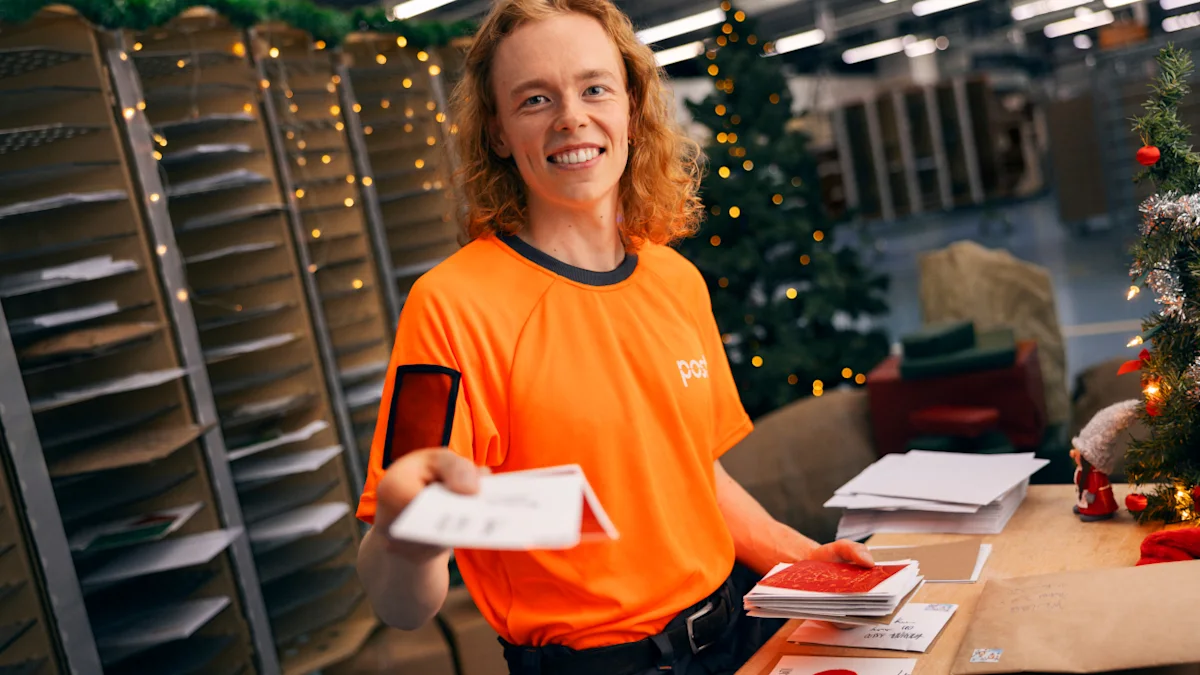 The worker is sorting cards.
