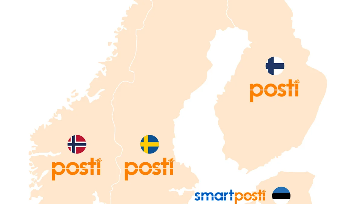 Kartta, jossa näkyvät Postin toimipaikat Suomessa, Ruotsissa ja Norjassa sekä SmartPostin sijainnit Virossa, Latviassa ja Liettuassa.