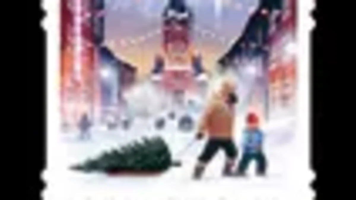 Pystymallisessa Joulukatu-postimerkissä isä ja lapsi ovat joulukuusenhakumatkalla