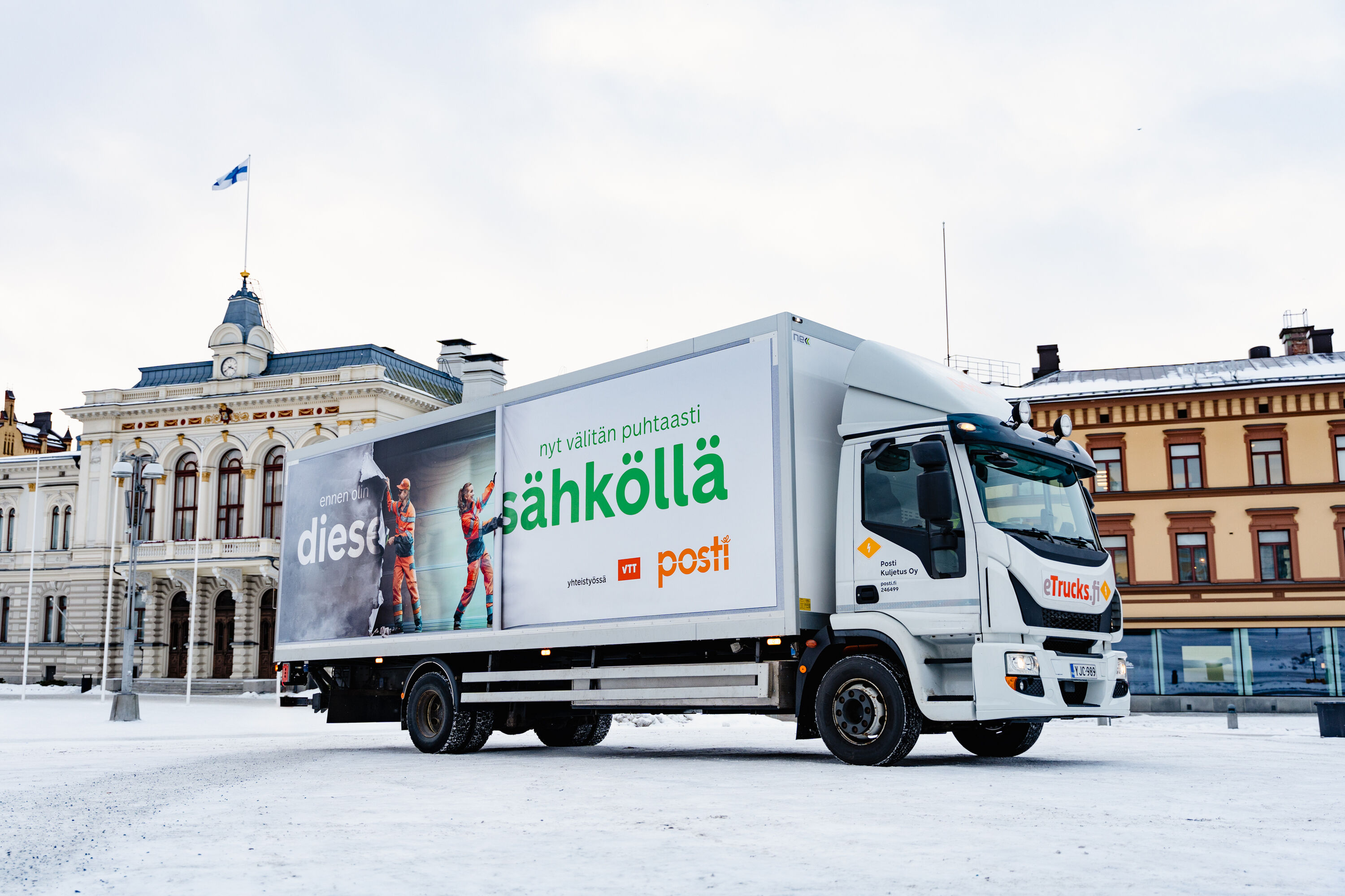 Posti's conversion electric truck at Kauppatori, Helsinki