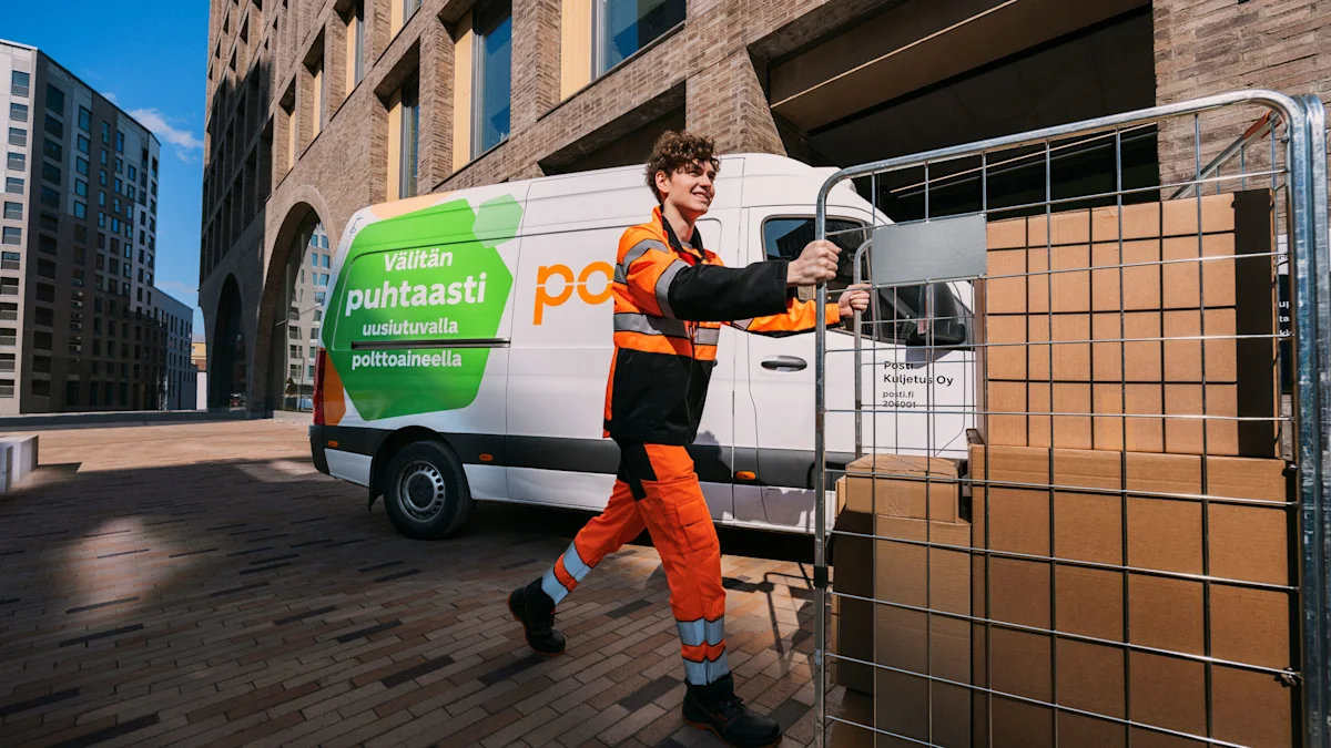 An employee is pushing a trolley.