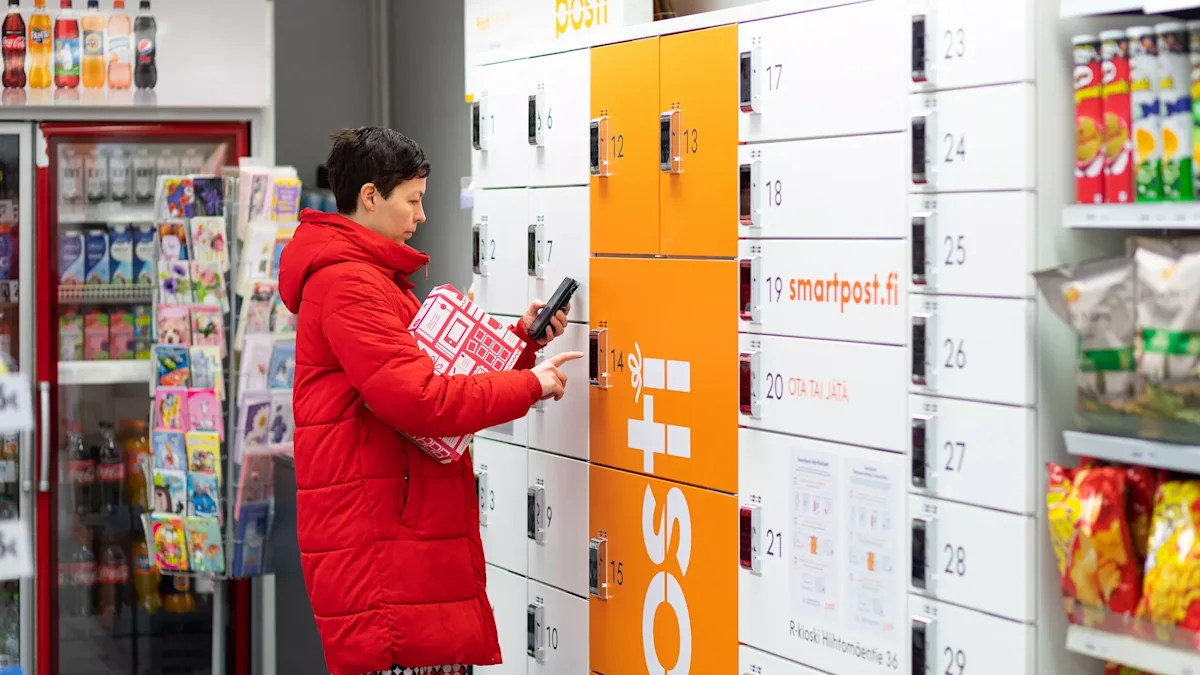 A woman at a parcel locker.