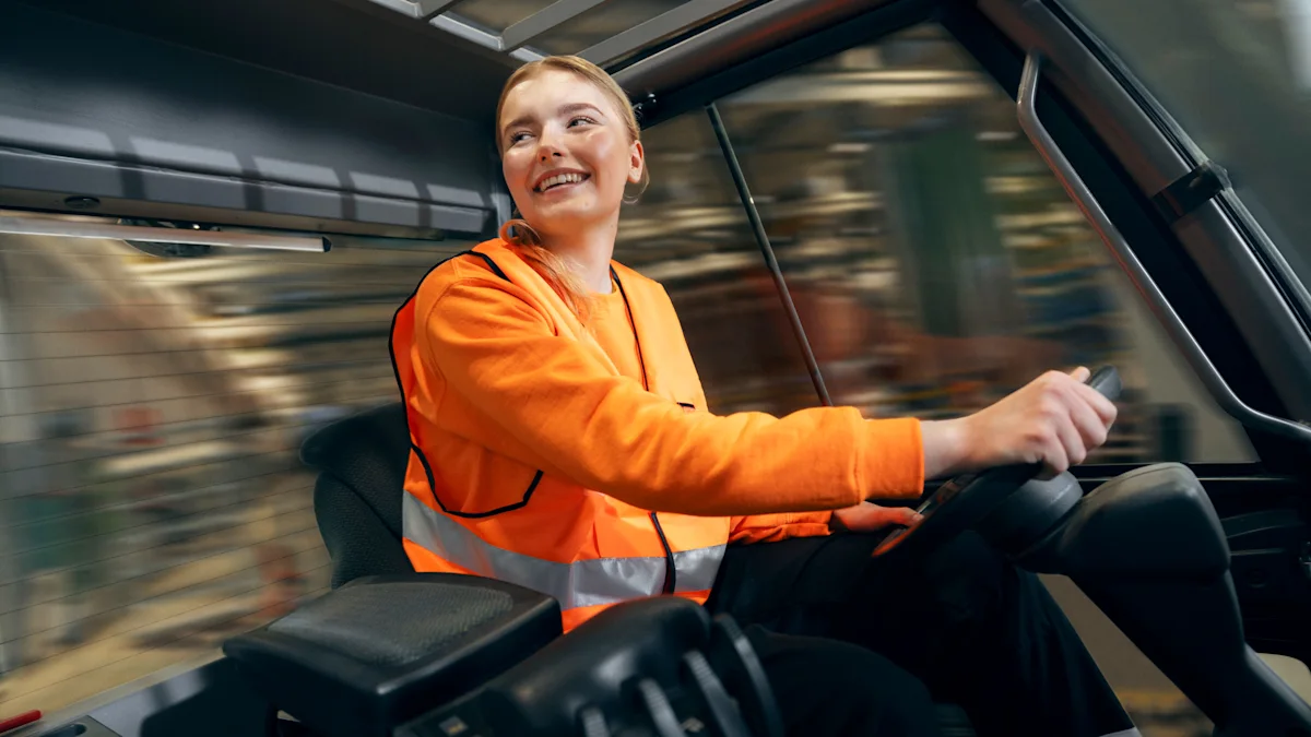 A happy Posti employee driving a forklift.