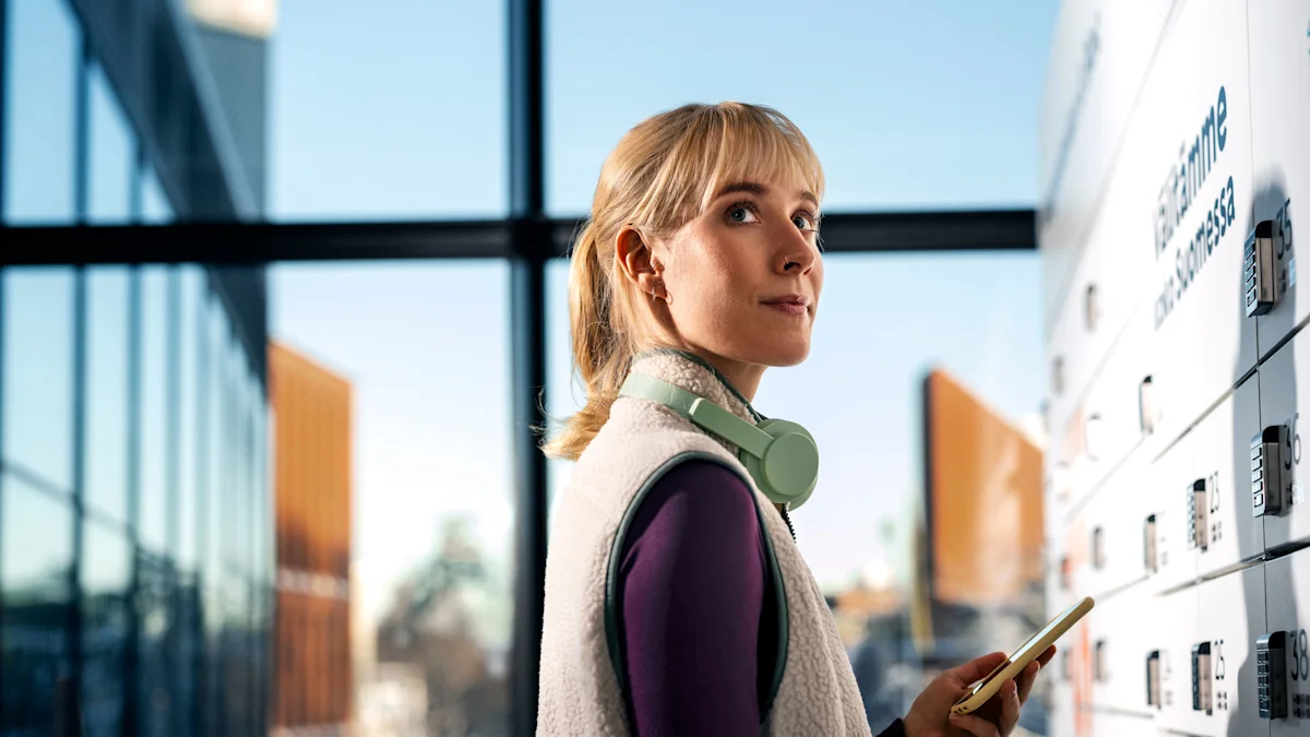 The woman looks into the distance with a smile on her face.