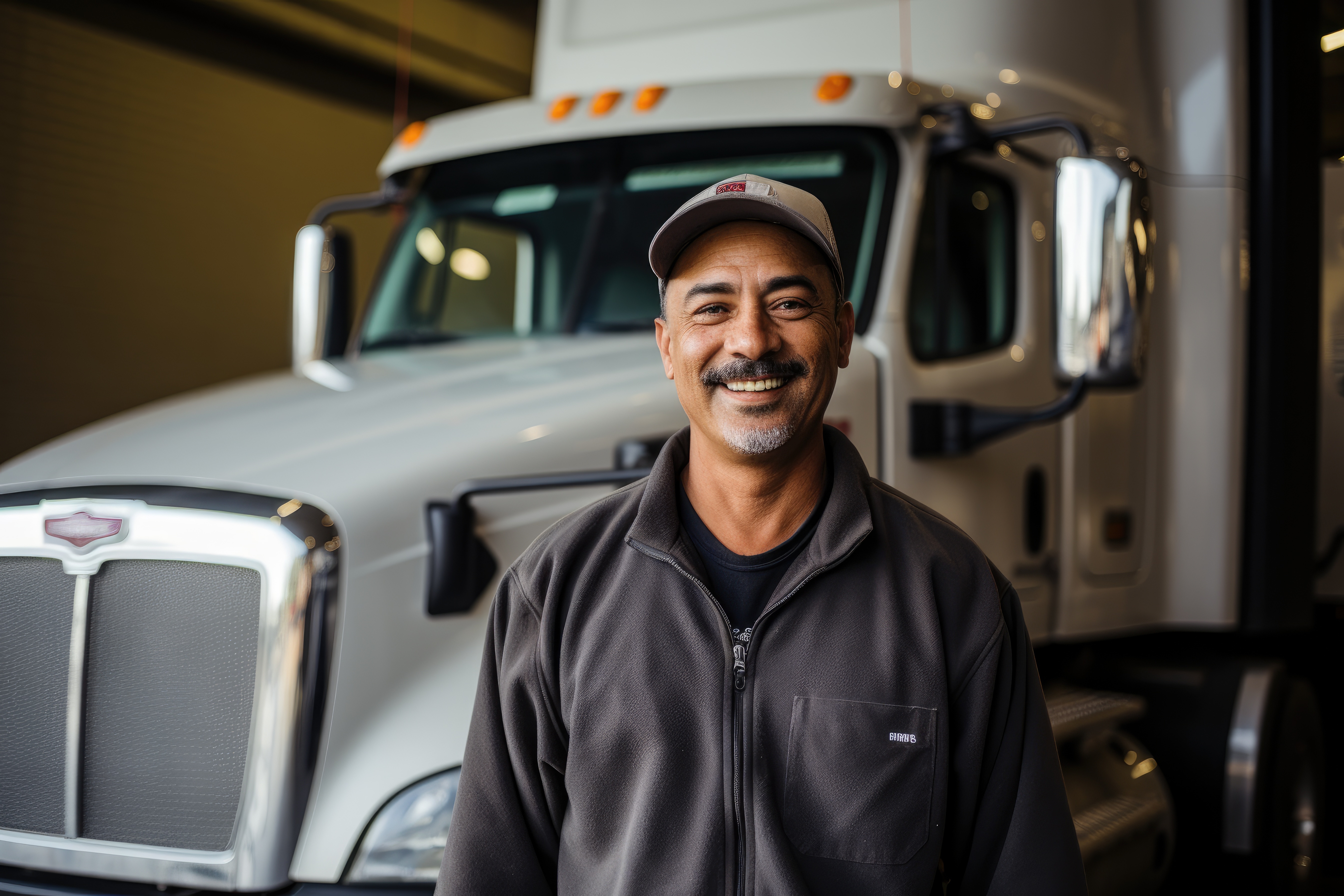 Man standing in front of white semi-truck smiling