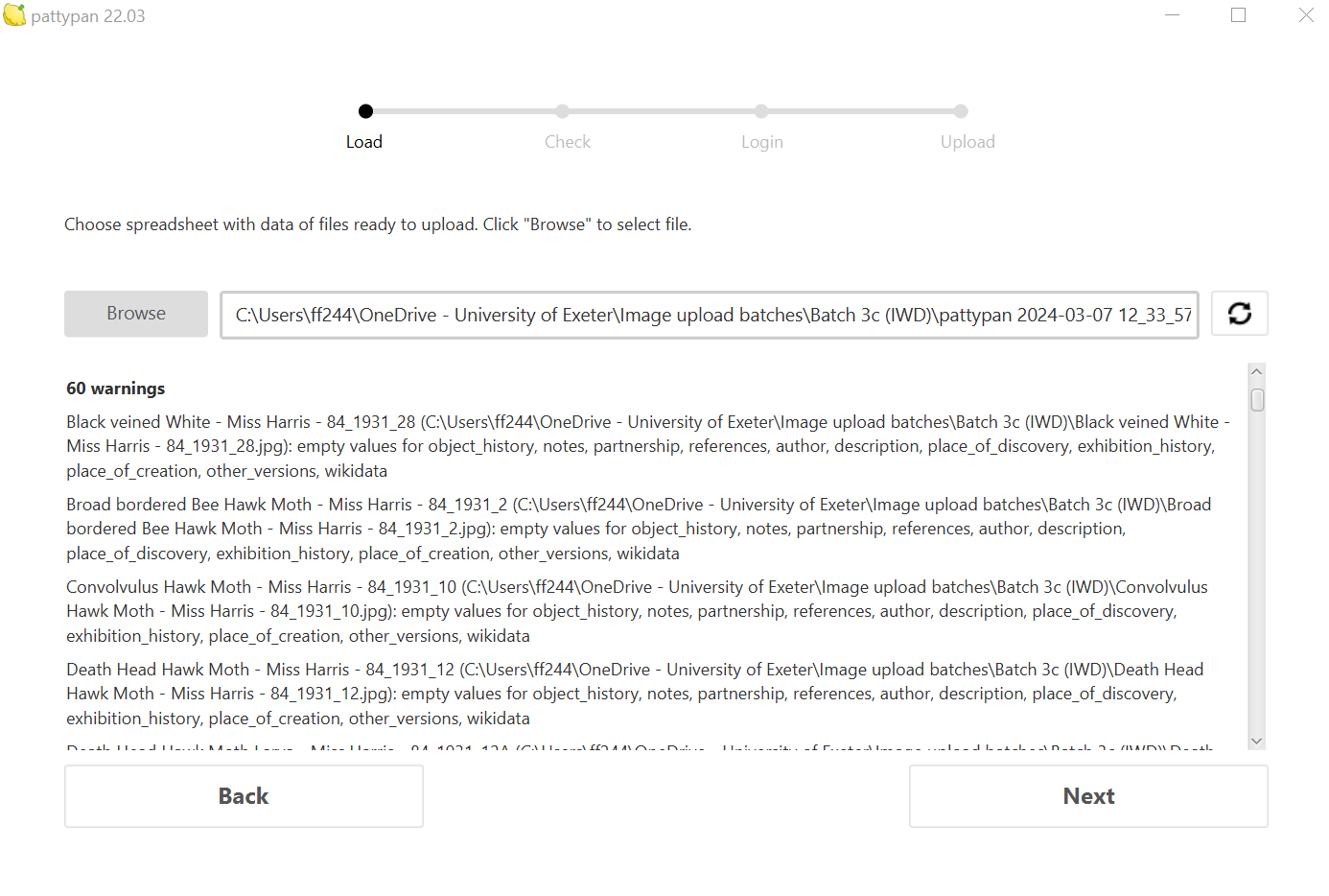 screenshot of pattypan validation screen