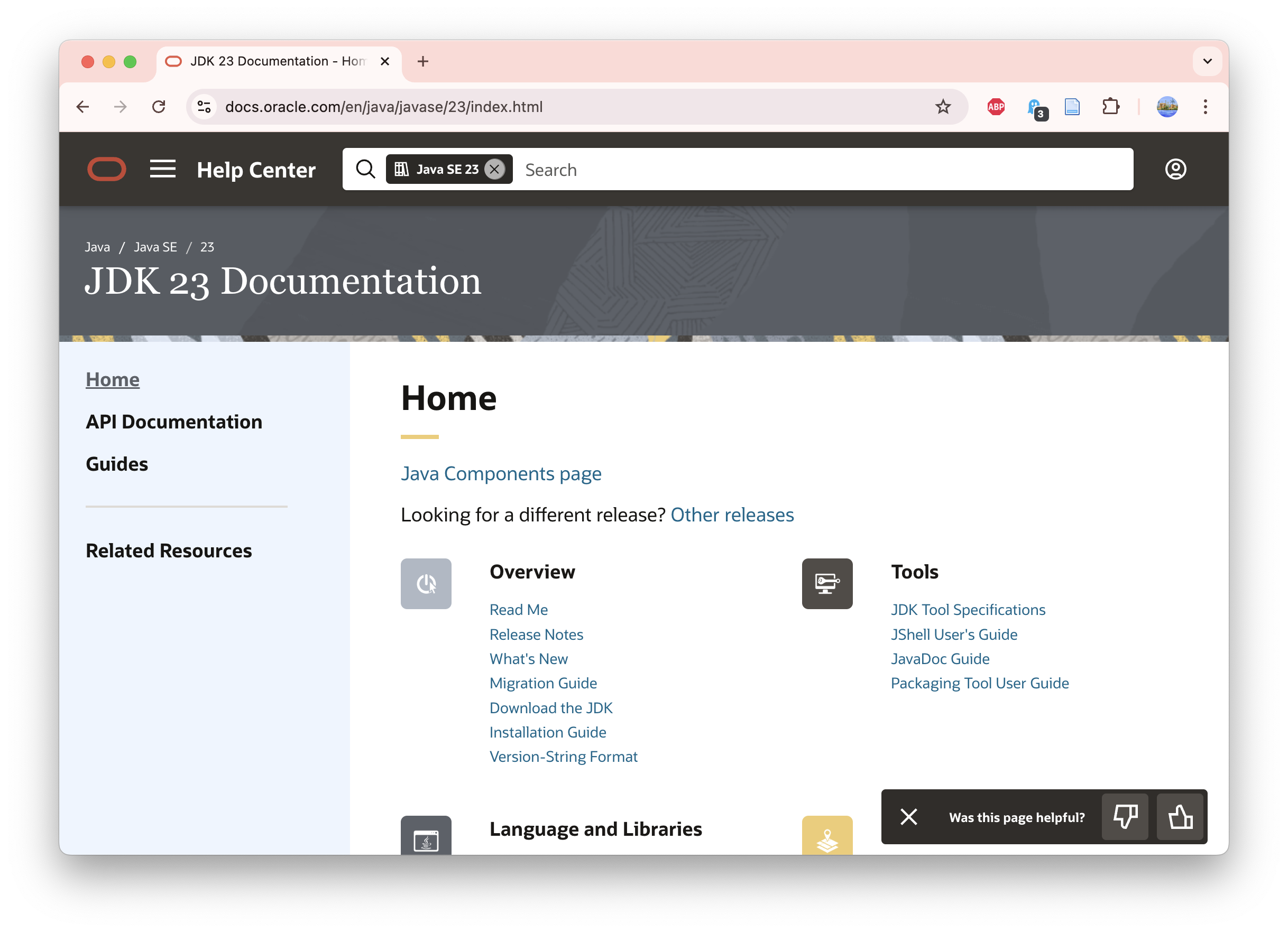 Screenshot of java documentation website