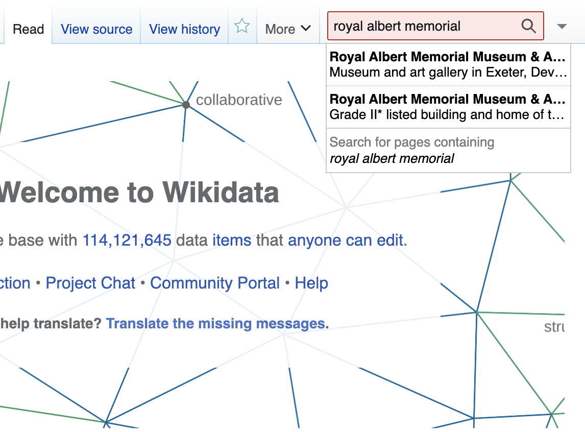 screenshot of the wikidata search bar