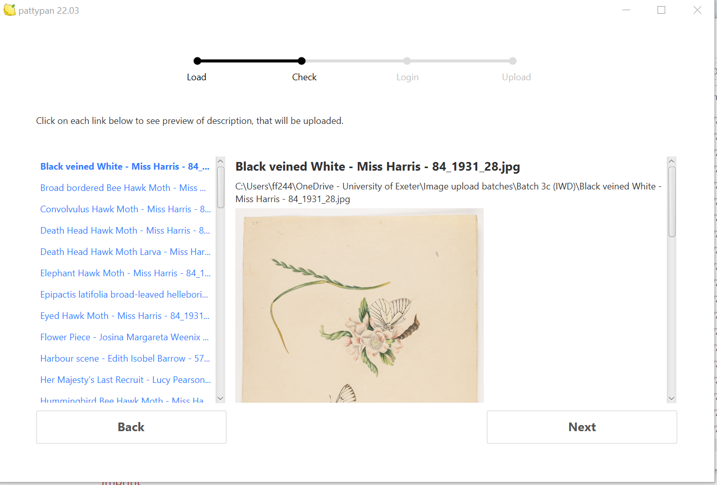 screenshot of pattypan image and metadata review page