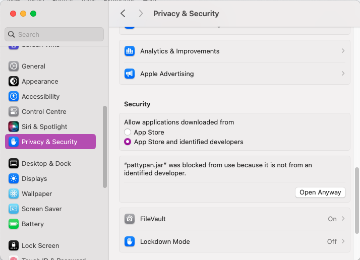 screenshot of mac privacy and security settings